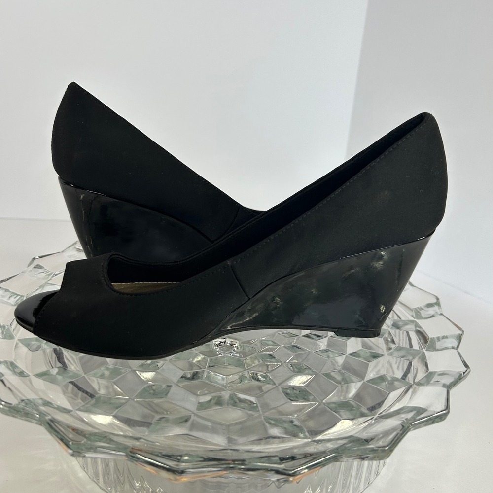 Banolino‎ Black Wedge Heels Open Toe Pumps Evening Party Tufflove 2 Women's 8.5
